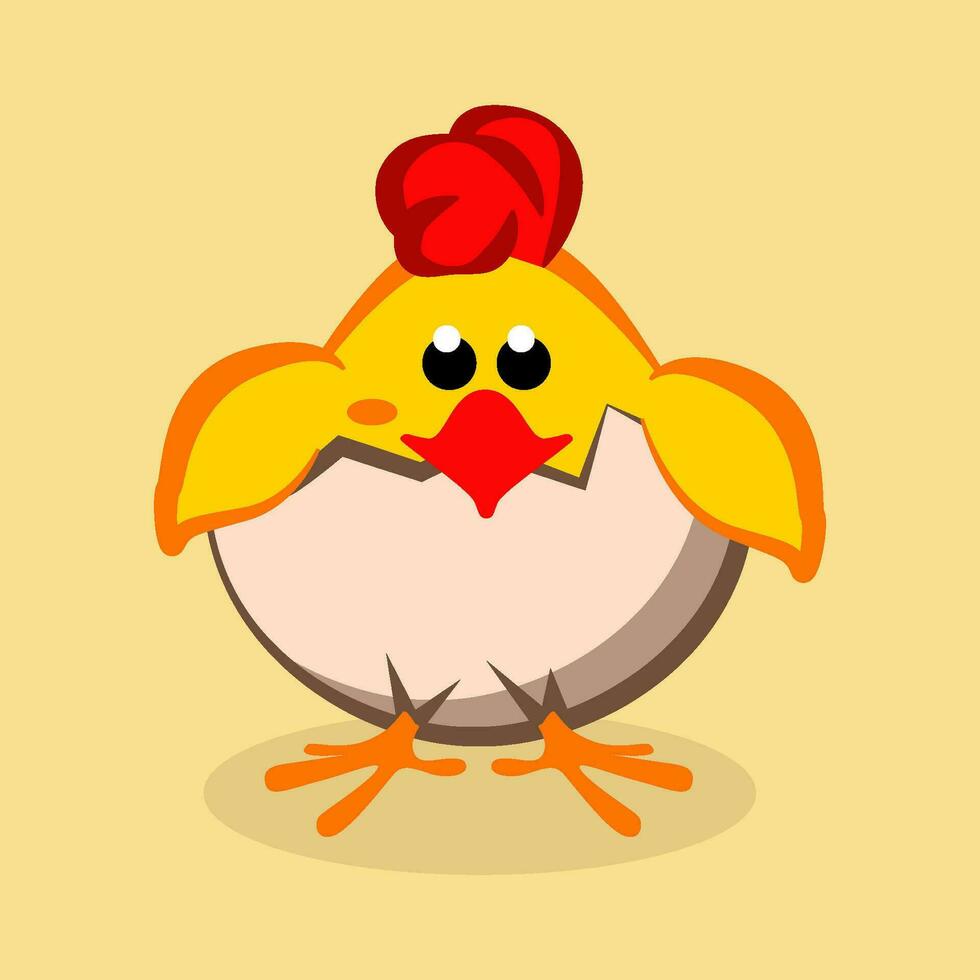 Chicken baby peeking out of the cracked egg. Vector illustration isolated on an orange background.