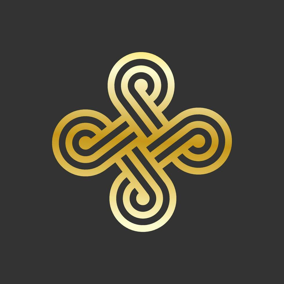 Endless ornament in Celtic style. Golden Flower circle knot. Vector in black background