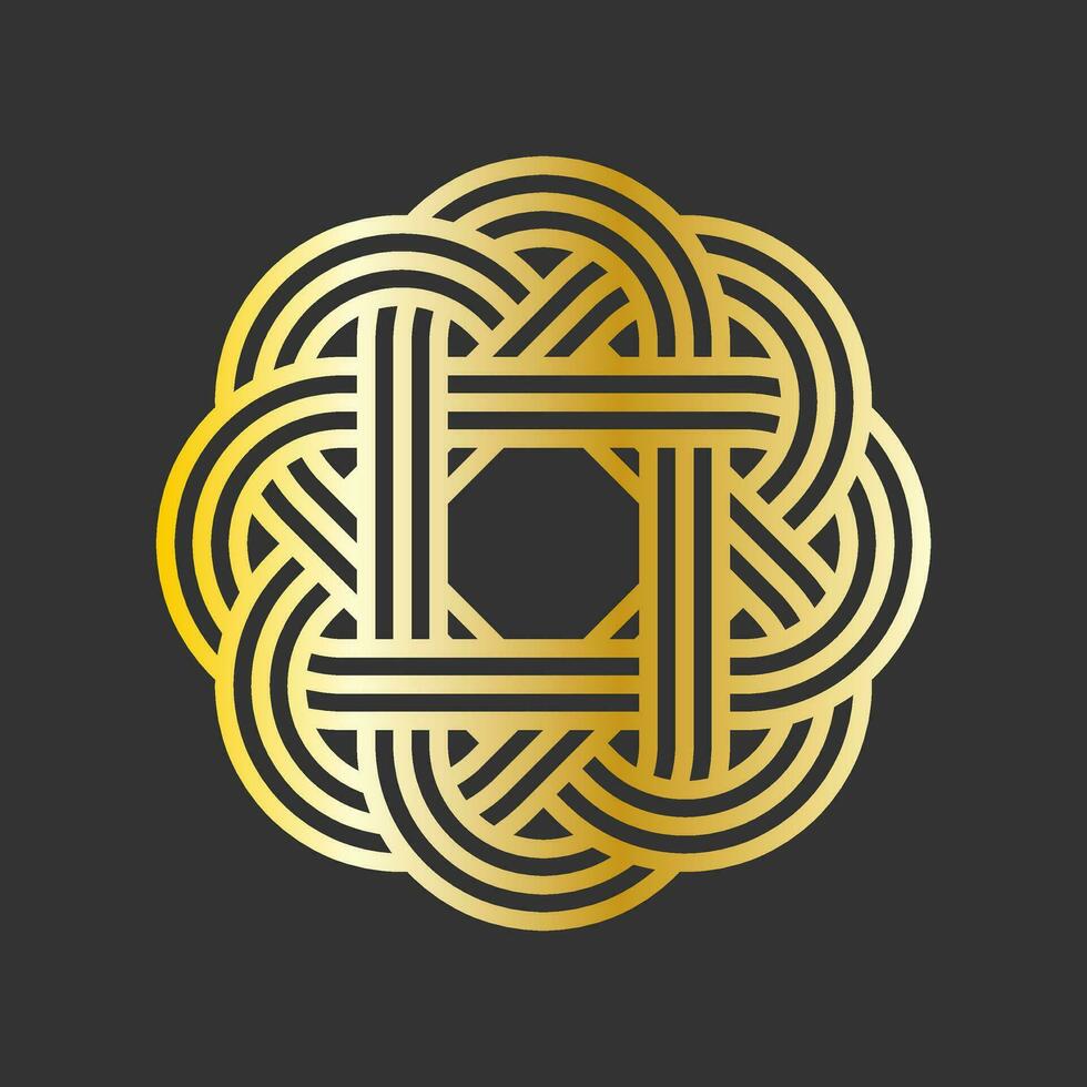 Lucky knot charm. Mizuhiki cord symbol. Golden celtic knot. Vector illustration on black background