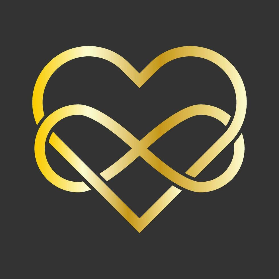 Golden sign Love forever. Intertwined Heart with the sign of Infinity. Vector illustration on black background
