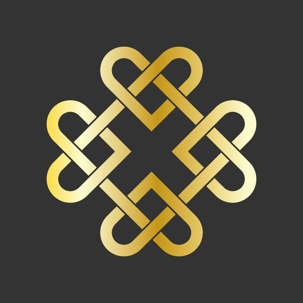 Celtic shamrock knot. Golden heart, symbol of love. Endless loop. Vector on black background