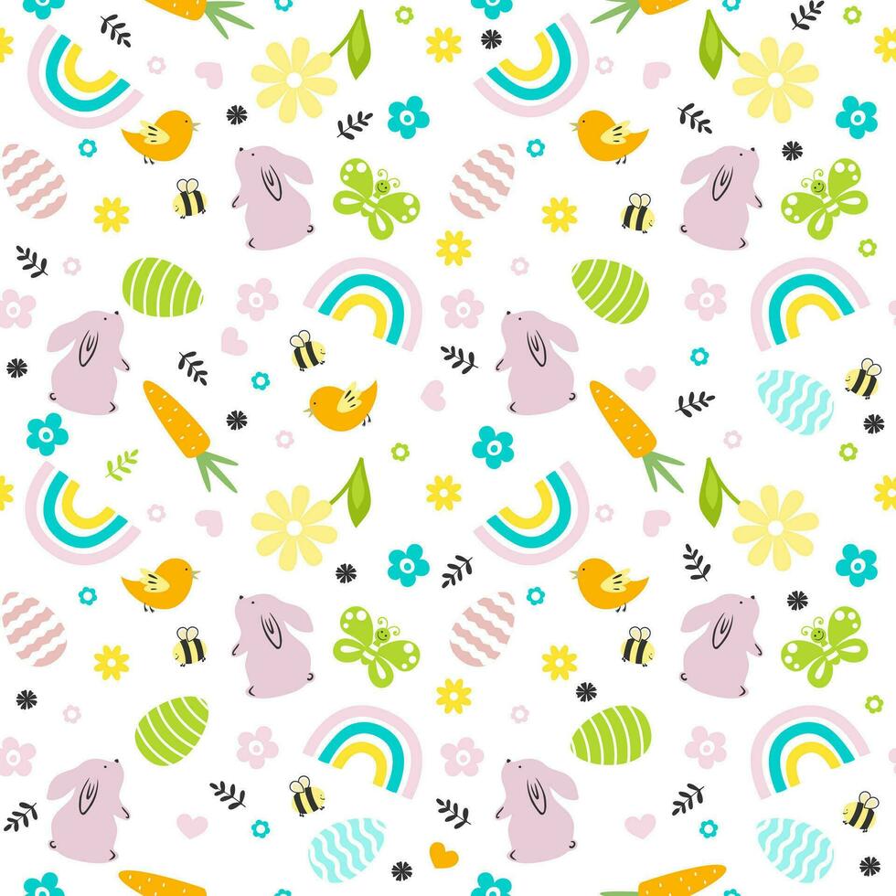 Happy Easter seamless pattern. Easter texture with colourful eggs, bunnies,  flowers, bee, butterfly, birds and rainbow vector