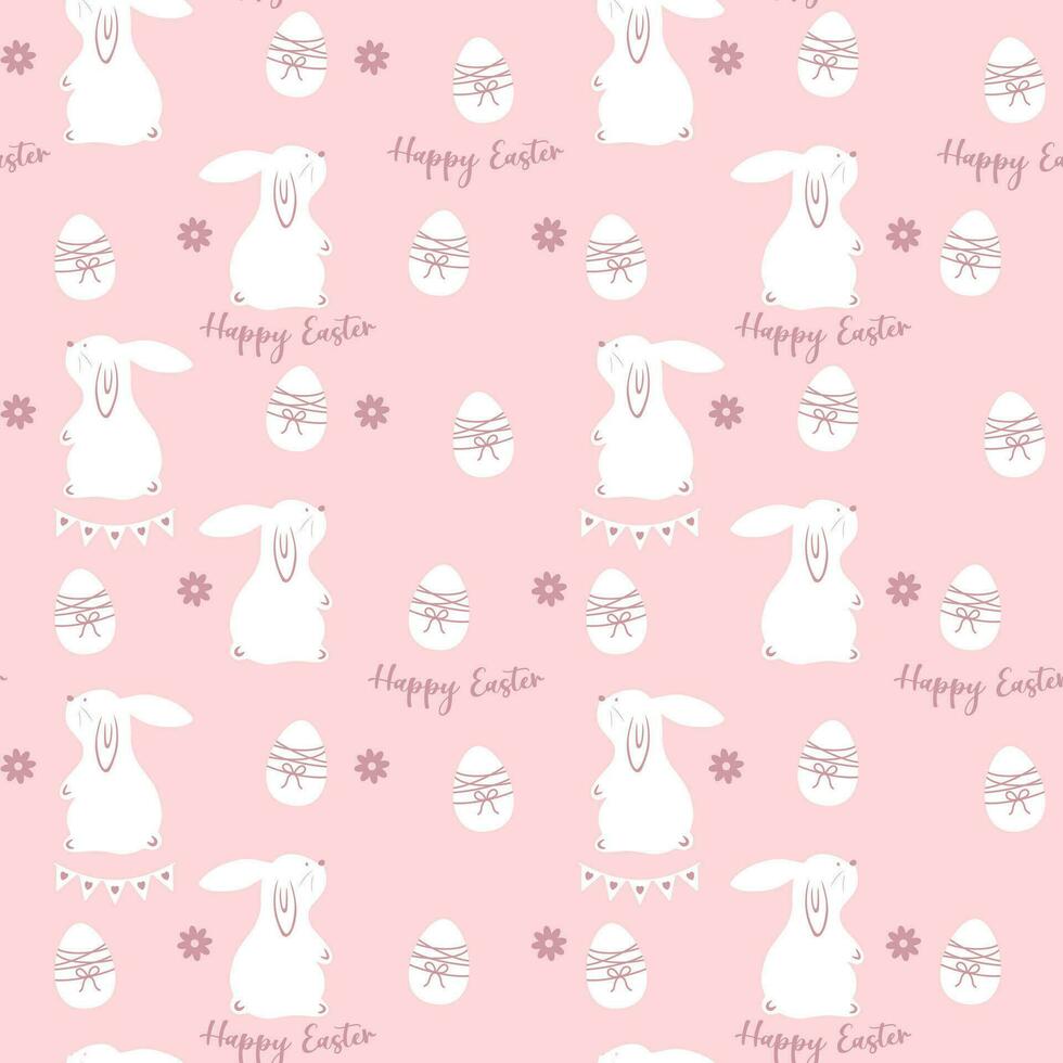 Easter seamless pattern in cartoon style. Easter concept with colourful eggs, bunnies and flowers. vector