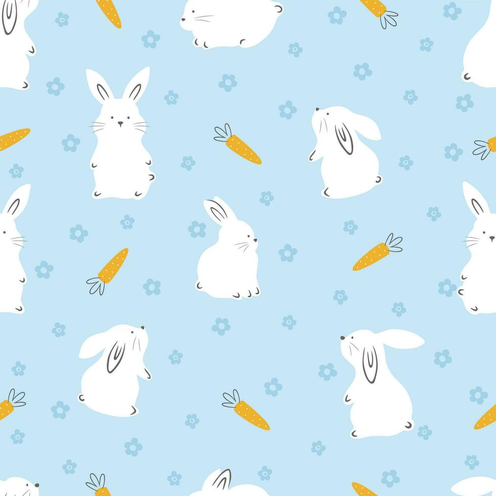 linda sin costura blanco conejos con flores y zanahorias. Conejo animal en blanco antecedentes para Pascua de Resurrección decoración vector