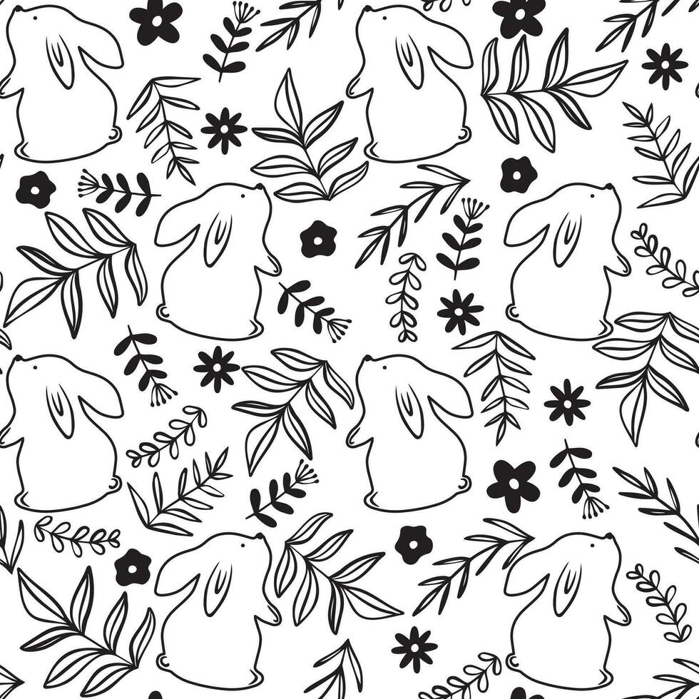 Seamless pattern with cute hand drawn black flowers, leaves and cute rabbits vector