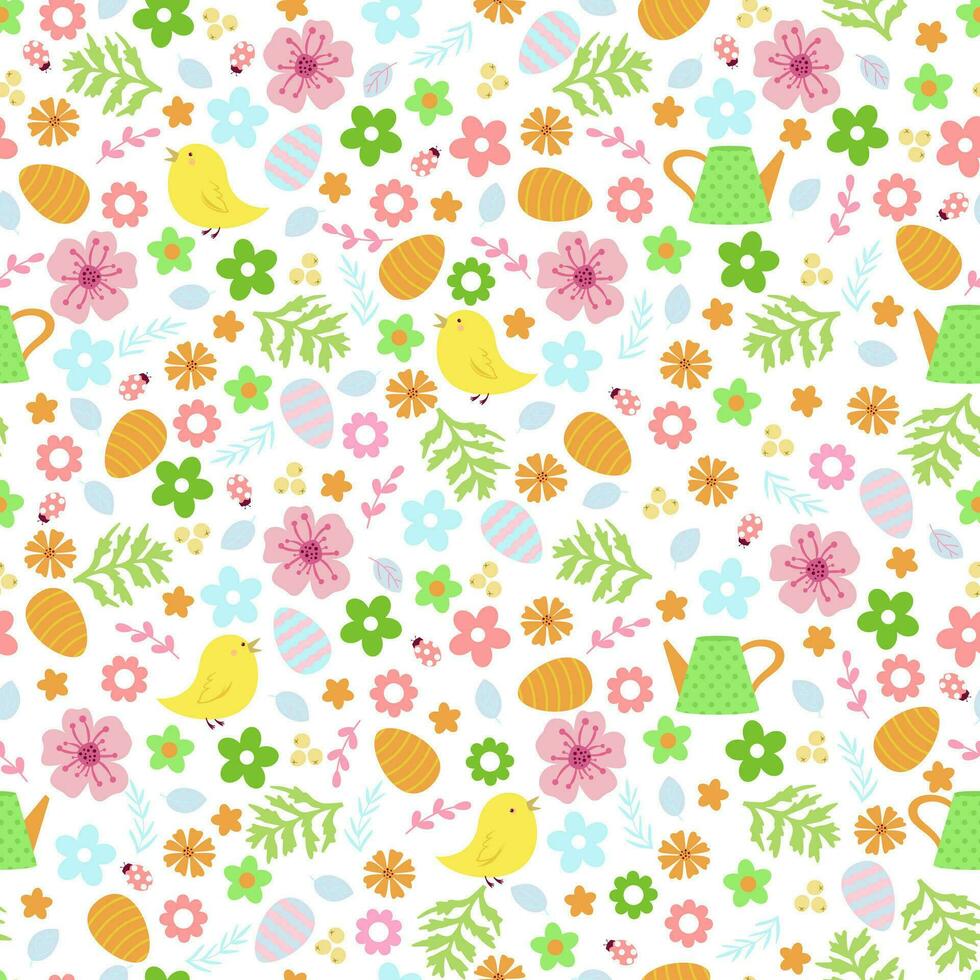 Spring easter background with cute birds, eggs and flowers for wallpaper and fabric design. vector