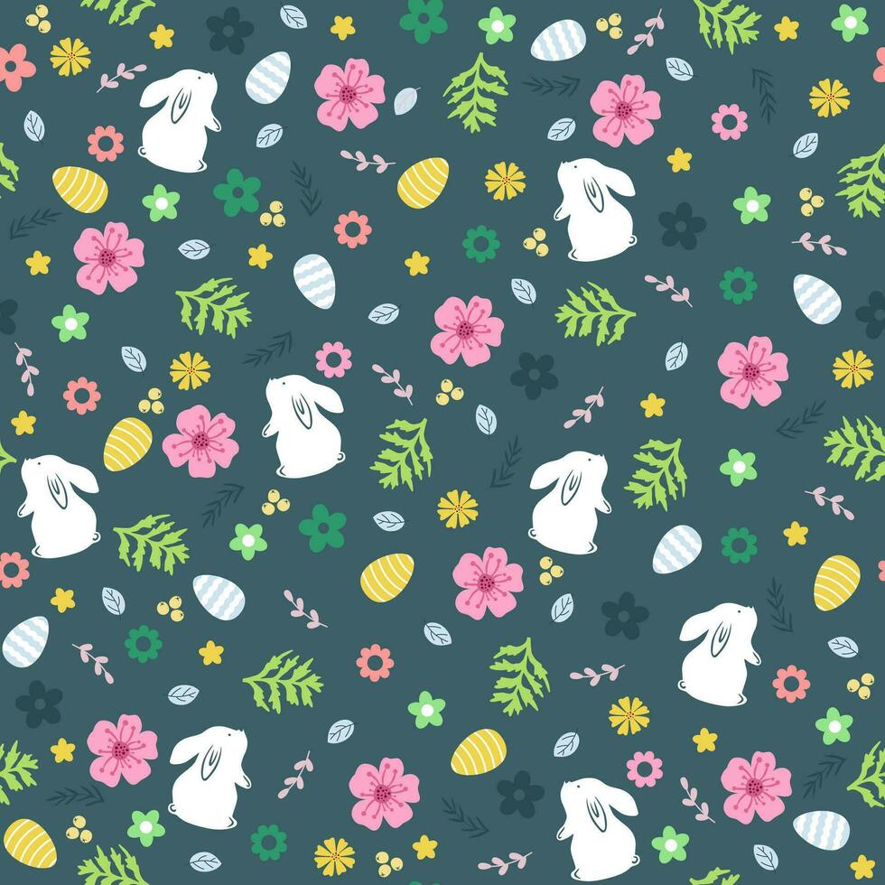 Spring easter background with cute bunnies, eggs and flowers for wallpaper and fabric design. vector