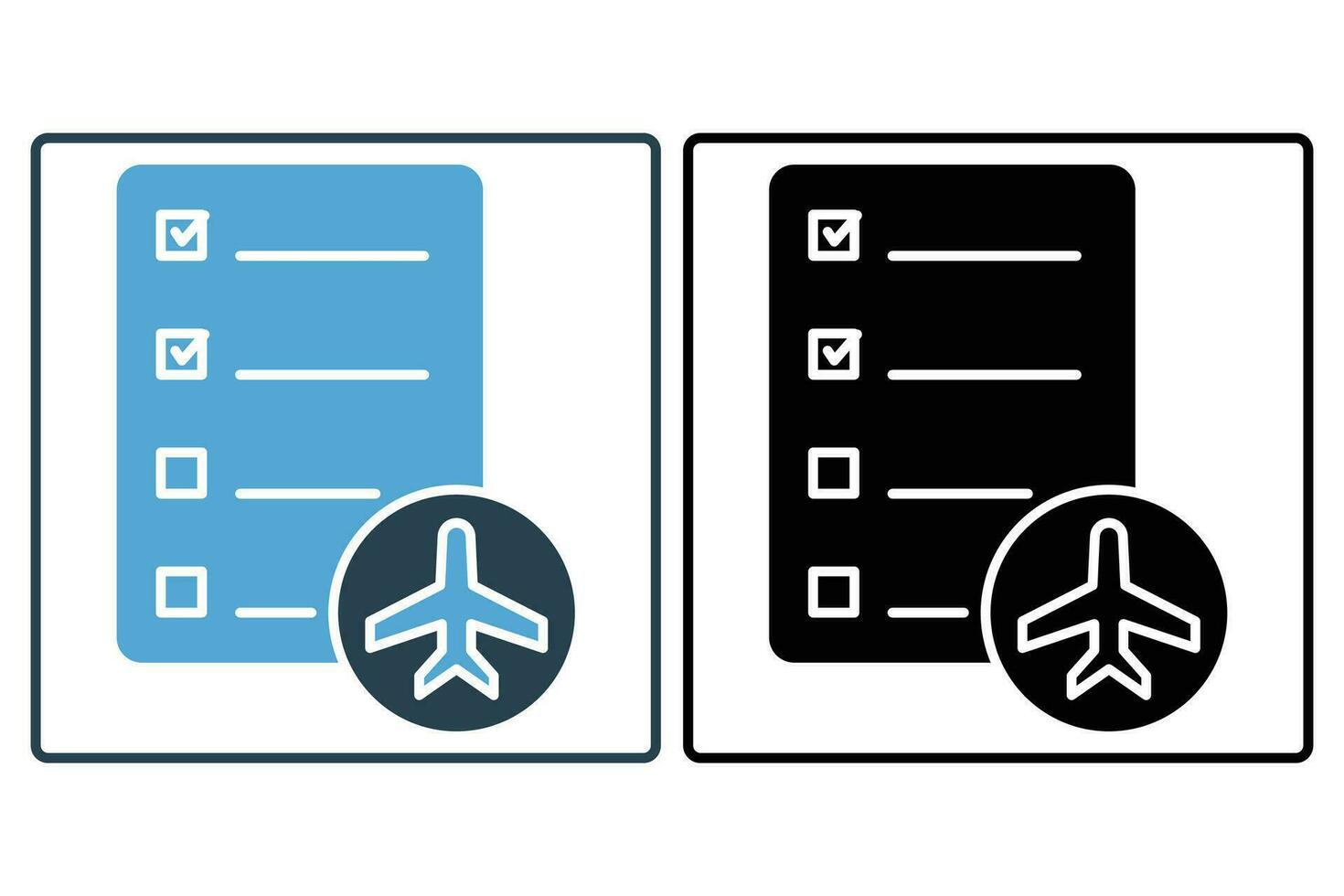viaje itinerario icono. marca de verificación con avión. icono relacionado a viajar, planificado viaje cronograma. sólido icono estilo. elemento ilustración vector