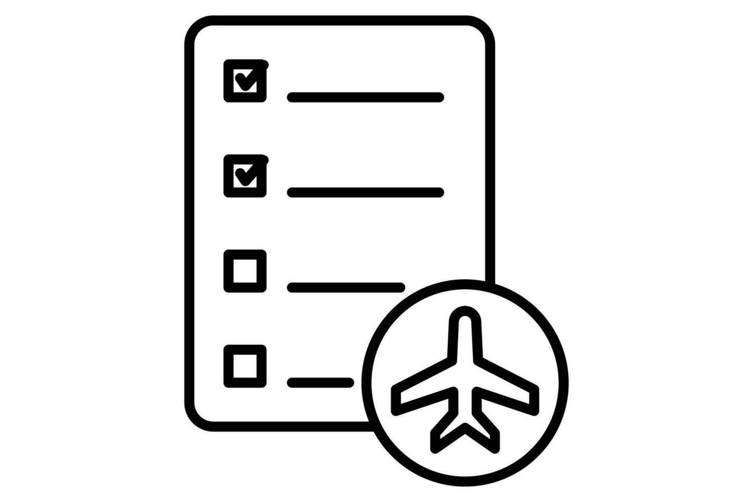 viaje itinerario icono. marca de verificación con avión. icono relacionado a viajar, planificado viaje cronograma. línea icono estilo. elemento ilustración vector