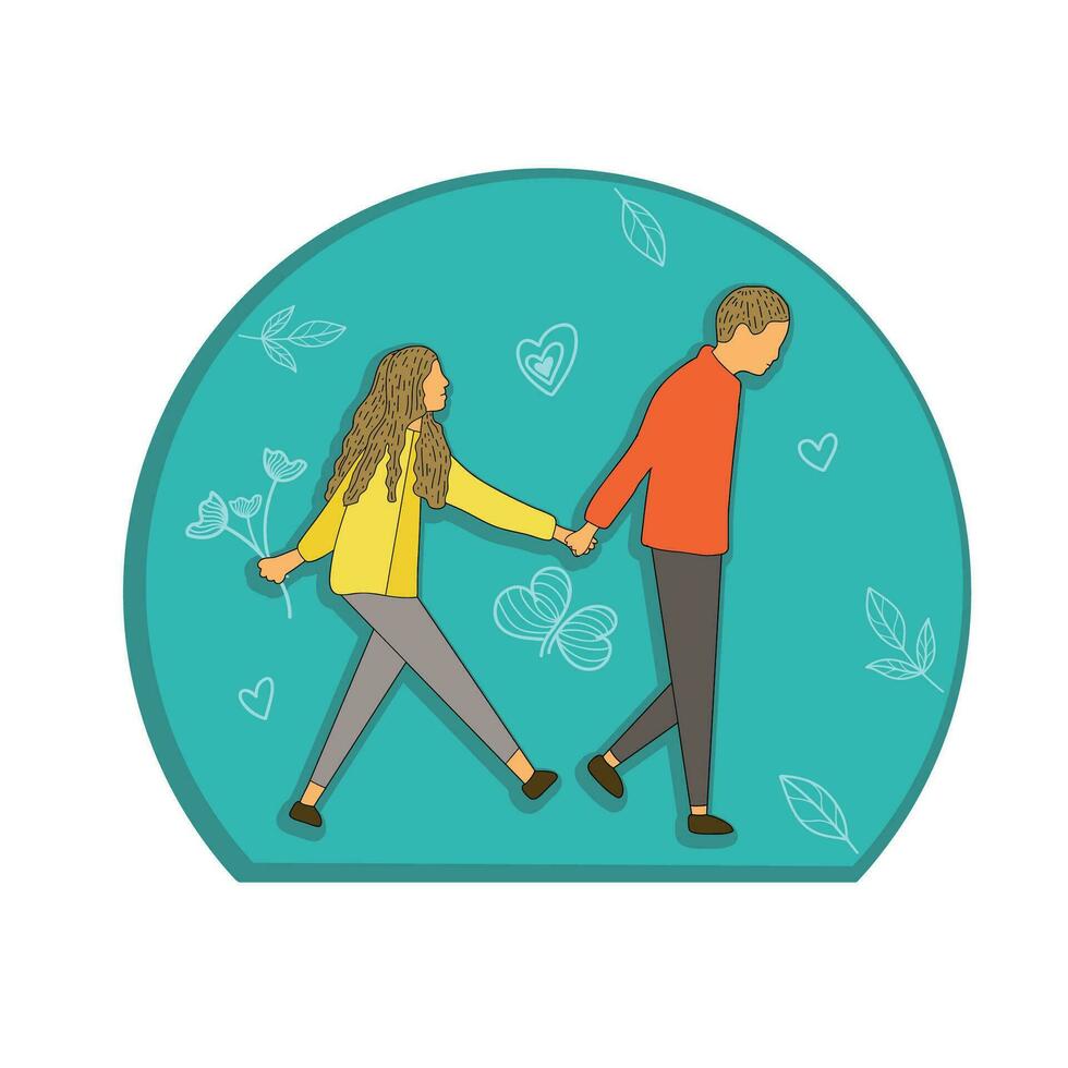 Clipart illustration of a hand drawn couple walking hand in hand with an abstract floral background in paper cut style vector