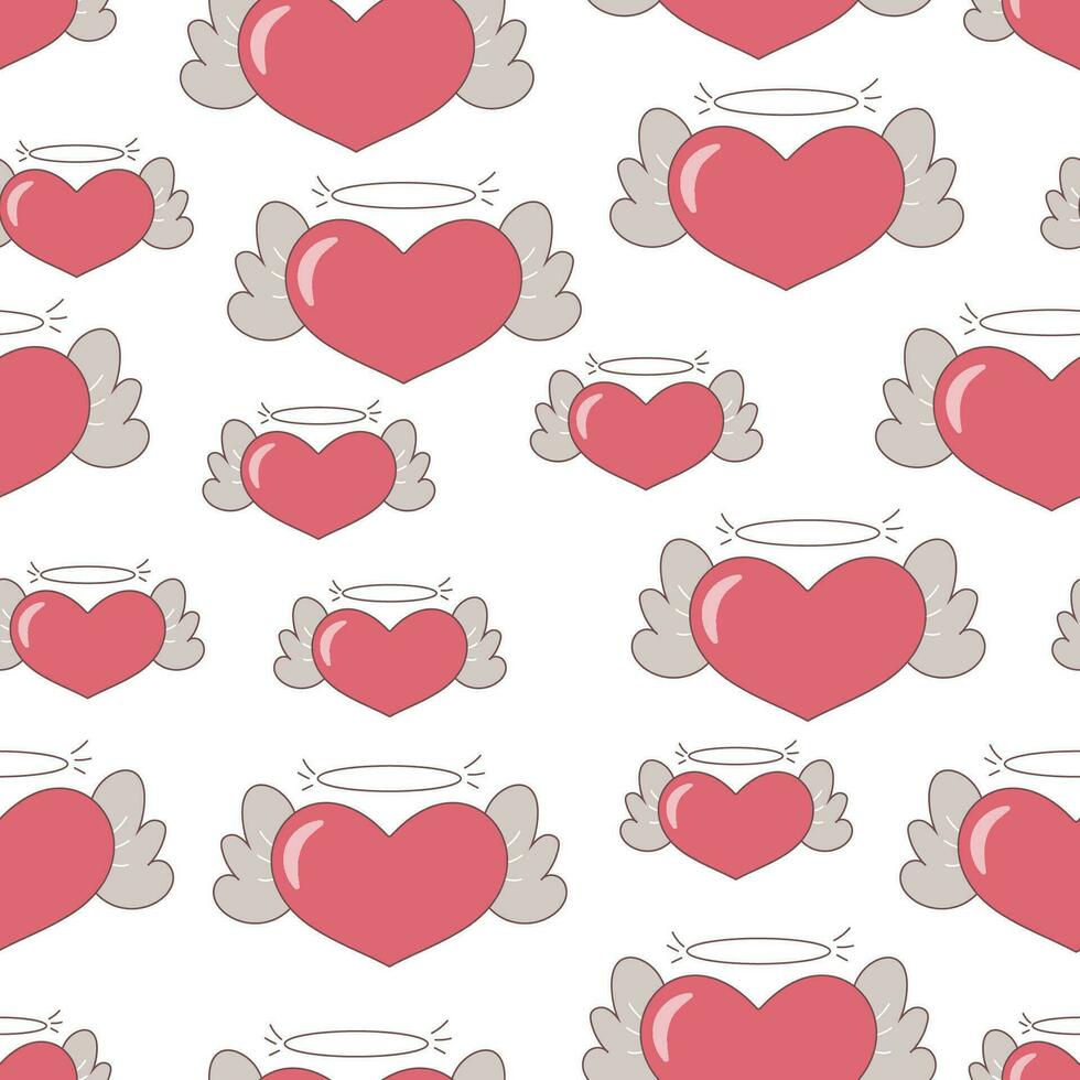 Happy Valentines day pattern for greeting cards, posters, wrapping, pack paper. Modern love design with red hearts and wings vector