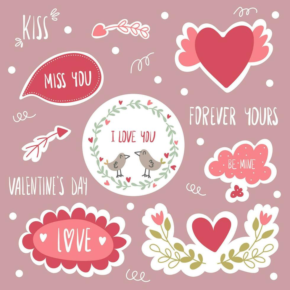 Valentines day decor set isolated on pink background. Including couple of birds, botany elements, hearts, arrows and inscriptions kiss, miss you, forever yours, valentines day and i love you vector