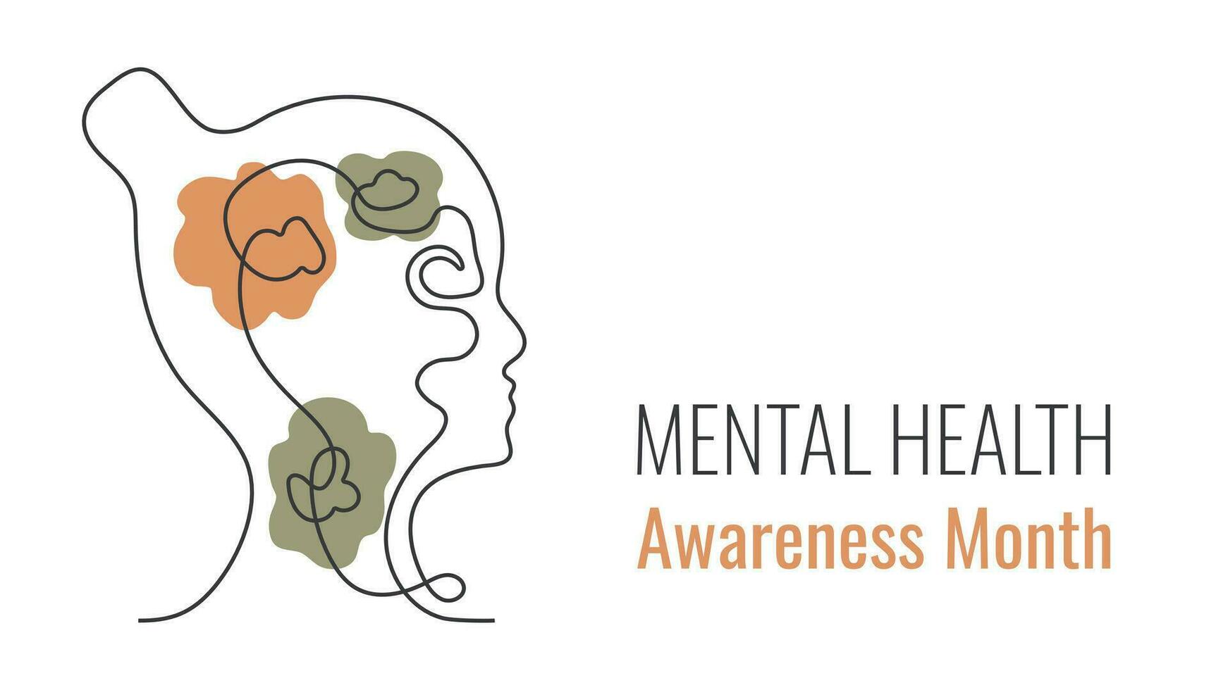 Mental Health Awareness Month banner in May. Minimalistic One line art vector illustration of woman silhouette in flat style. Design of Healthy lifestyle concept with editable stroke.