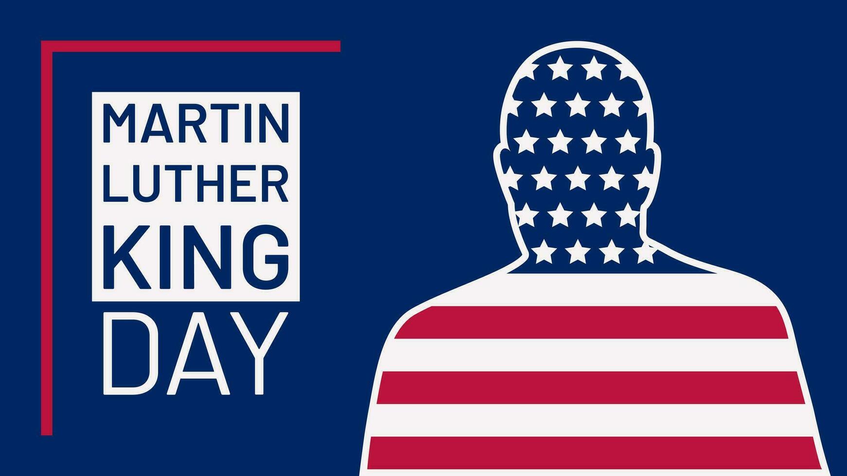 MLK Day Banner with typography. Daydream Martin Luther King Jr. minimalistic vector illustration on dark blue background. Simple Design of greeting card with flag and stars Celebration in January.