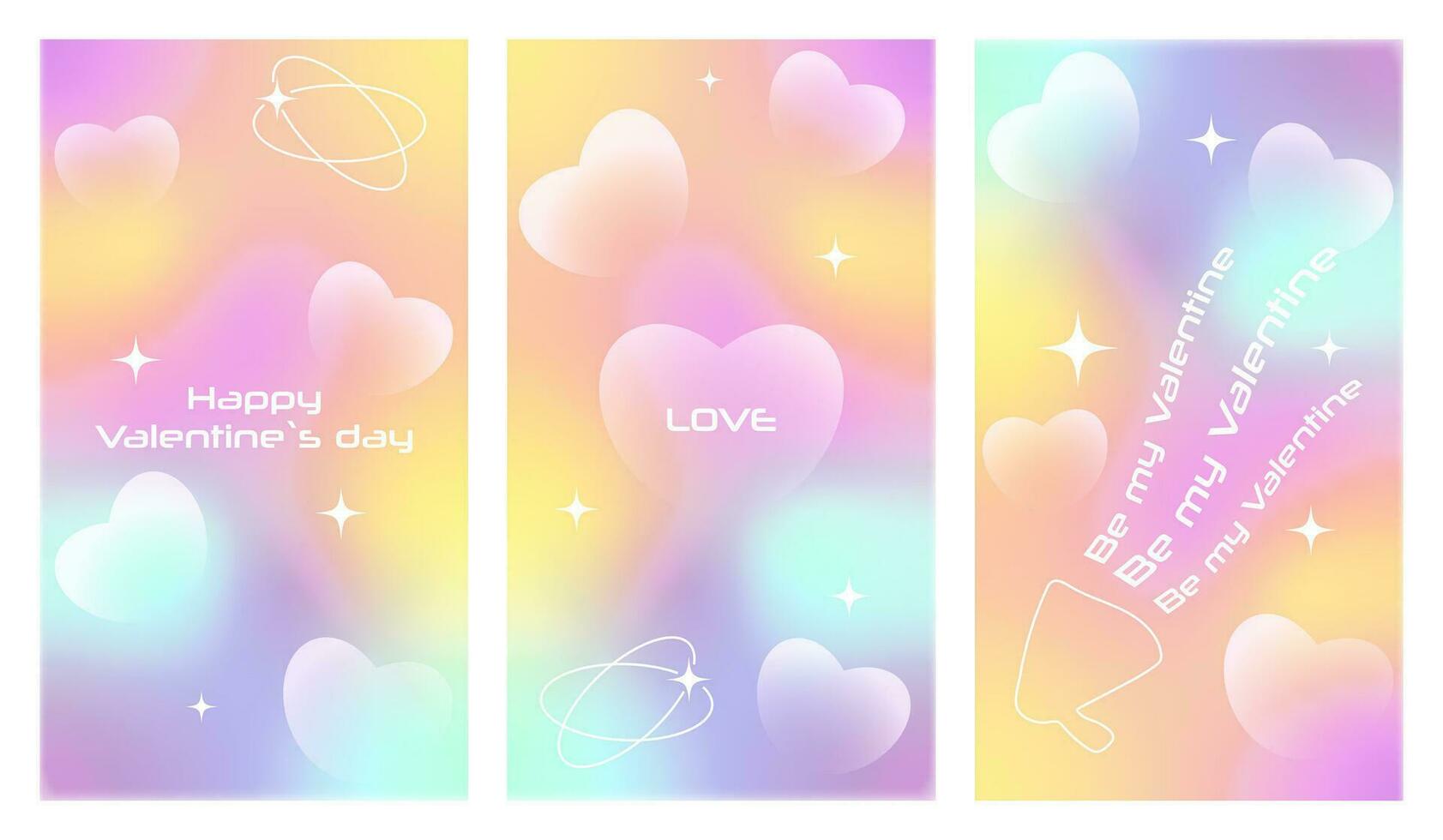 Templates of Valentines day and Love card, banner poster cover set. Trendy minimalist aesthetic with gradients and typography, y2k background. Pale pink yellow, purple vibrant colors. Be my Valentine vector