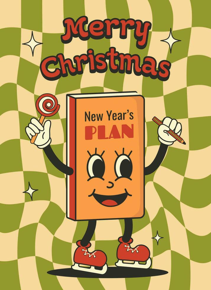 Merry Christmas and Happy New year. Notebook, planner. Retro cartoon style. Greeting cards, template, posters, prints, party invitations and backgrounds. Red, orange, yellow. 70s 60s. Groovy, vintage vector