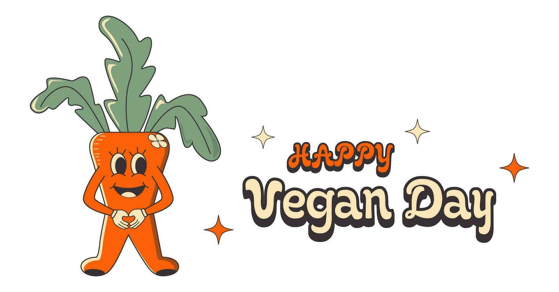 Happy World Vegan Day greeting card or banner template. Orange carrot character in groove retro cartoon style. Vector illustration with typography elements