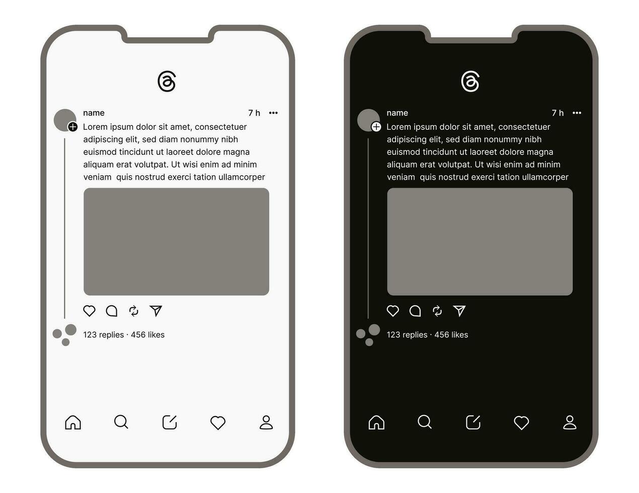 Threads Mockup with Dark mode and Light mode versions. Social media Interface posts mockup on phone. New Meta Instagram app template. vector