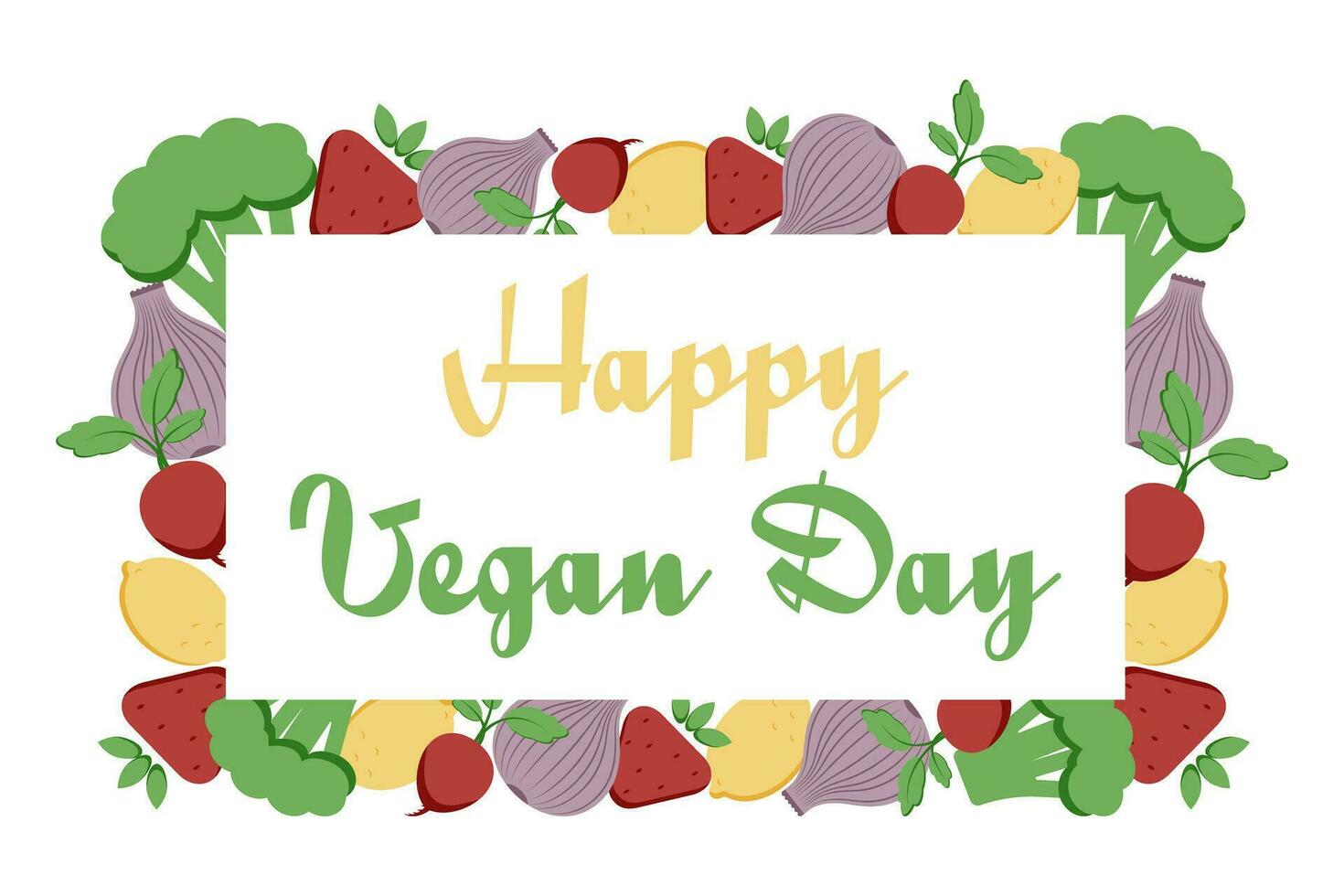 World vegan day vector illustration. Suitable for greeting card, poster and banner. strawberry, onion, broccoli, radish, lemon. flat style. Green, eco