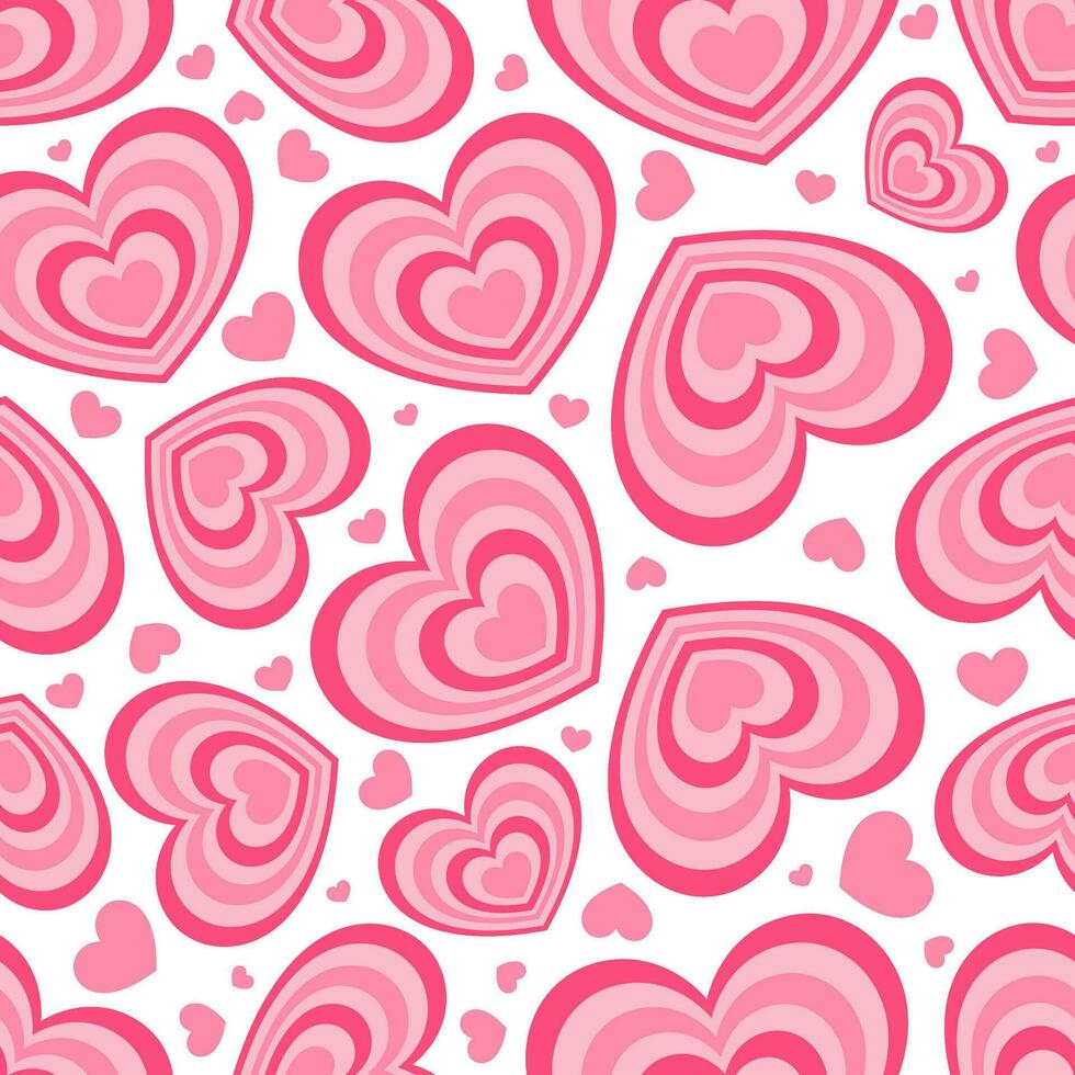 Y2k seamless pattern with hearts. Retro abstract groovy background. Pink funky vector wallpaper for Valentine day. Girly lovely design