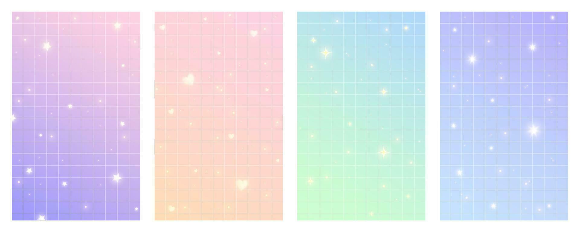 a cuadros degradado antecedentes con estrellas. conjunto de pastel holográfico kawaii telones de fondo resumen vector púrpura cuadrado fondos de pantalla para diseño.