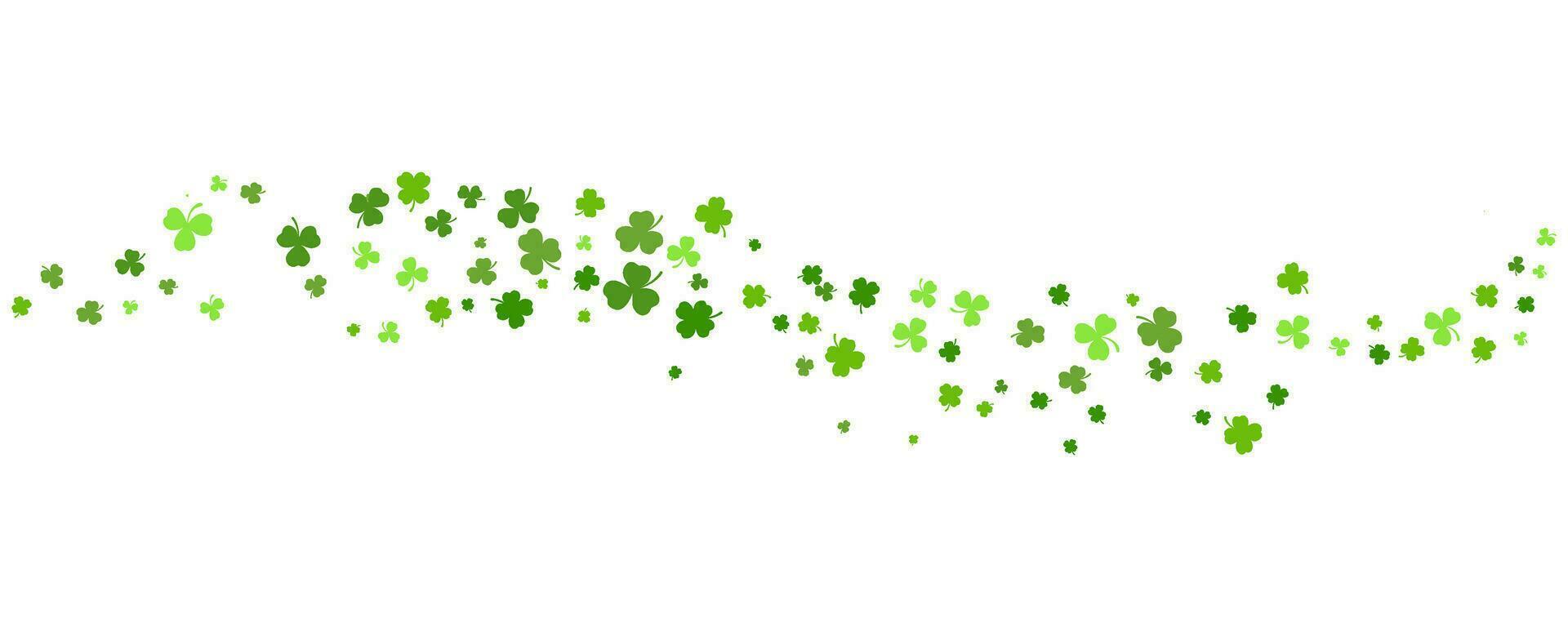 St. Patrick Day shamrock clover background. Wavy vector border with flying green leaves for posters banners and greeting cards.