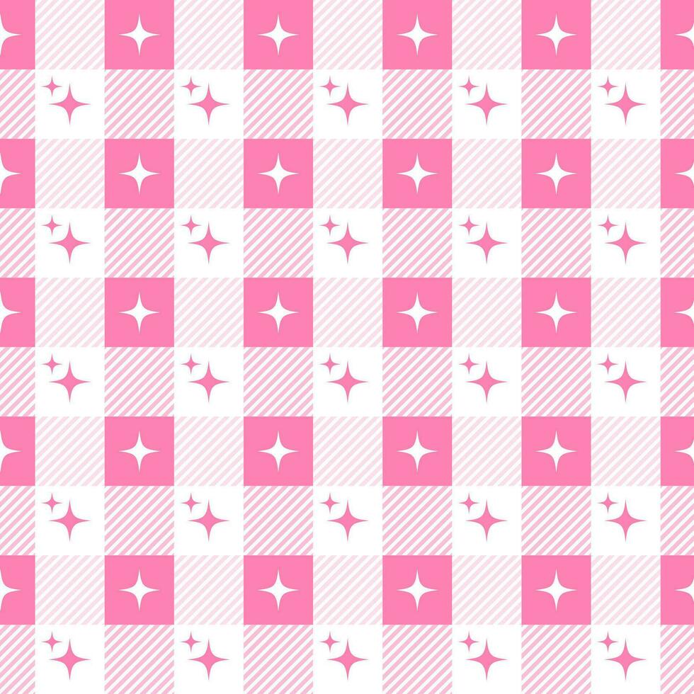 Y2k seamless pattern with sparkles. Geometric checkered vichy background with abstract stars. Vector bright pink design