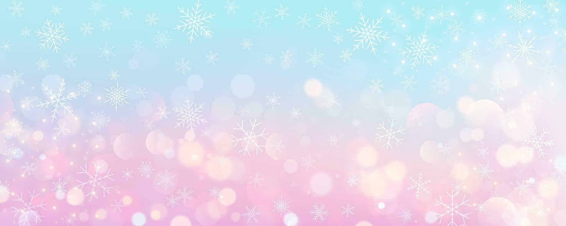 Christmas snowy background. Cold pink blue winter sky. Vector ice blizzard on gradient texture with bokeh and flakes. Festive new year theme for season sale wallpaper.