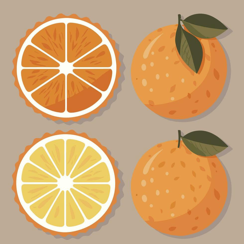 un conjunto de naranjas con hojas y rebanadas vector