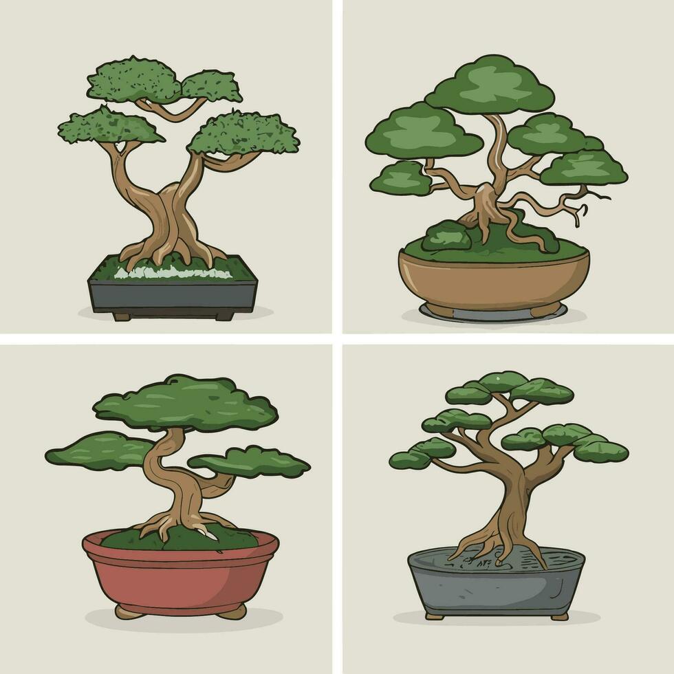 bonsai tree vector illustration set