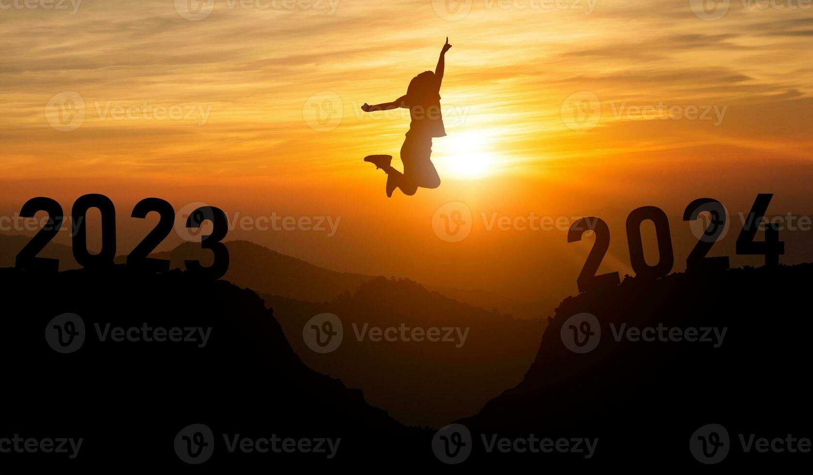 Woman jump happy new year 2024 concept, silhouette of woman jumping over barrier cliff and success from 2023 cliff to 2024 cliff sunset background. Happy New Year for web banner and advertisement. photo