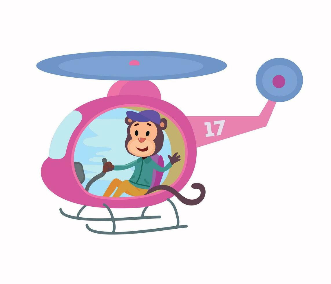 Funny cartoon comic vector illustration with monkey on helicopter
