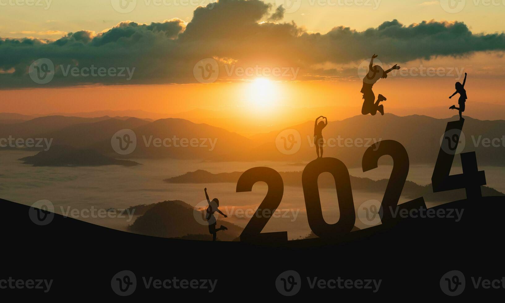 Woman jump happy new year 2024 concept, silhouette of woman jumping over barrier cliff and success with beautiful sunset background. Happy New Year 2023 use for web banner and advertisement. photo
