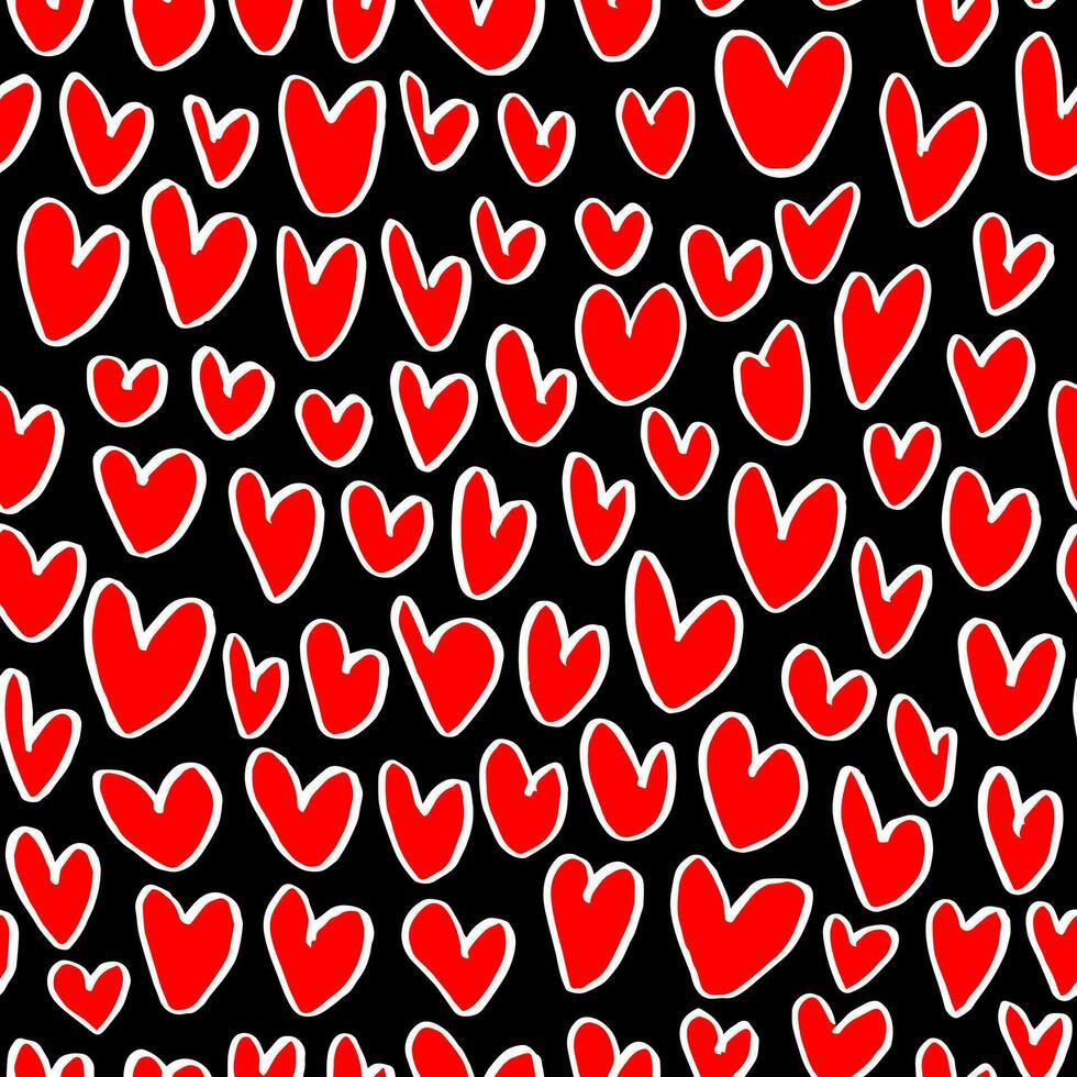 Seamless pattern with abstract red hearts on black background. Hand drawn chalk print for fabric, textiles, wrapping paper. vector