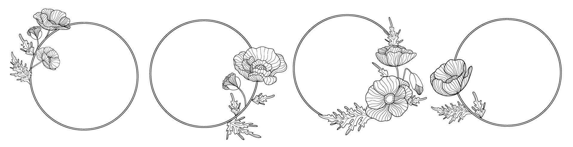 Set of romantic circle frames with poppies. Floral wreath for labels, branding business identity, wedding invitation vector