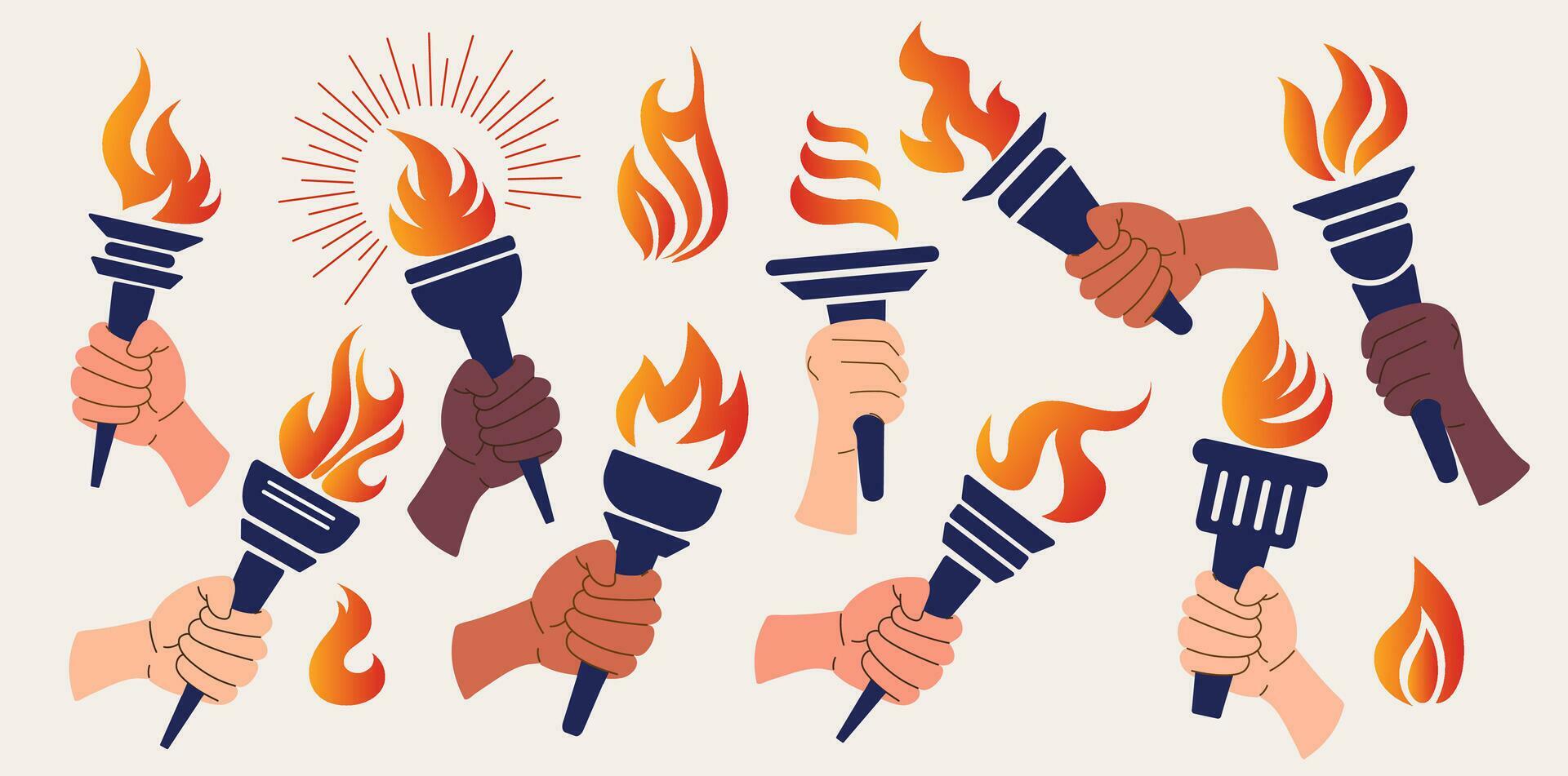 Torch, Flame, Hand. Torch in hand set. Vector isolated burning torches flames in hands. Symbols