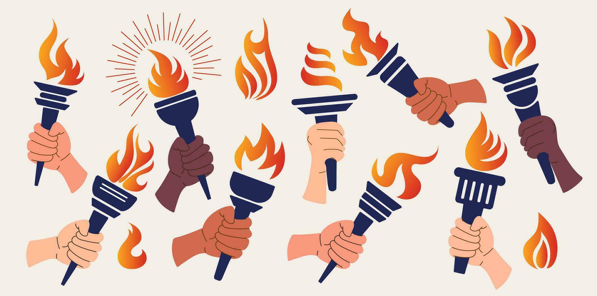 Torch, Flame, Hand. Torch in hand set. Vector isolated burning torches