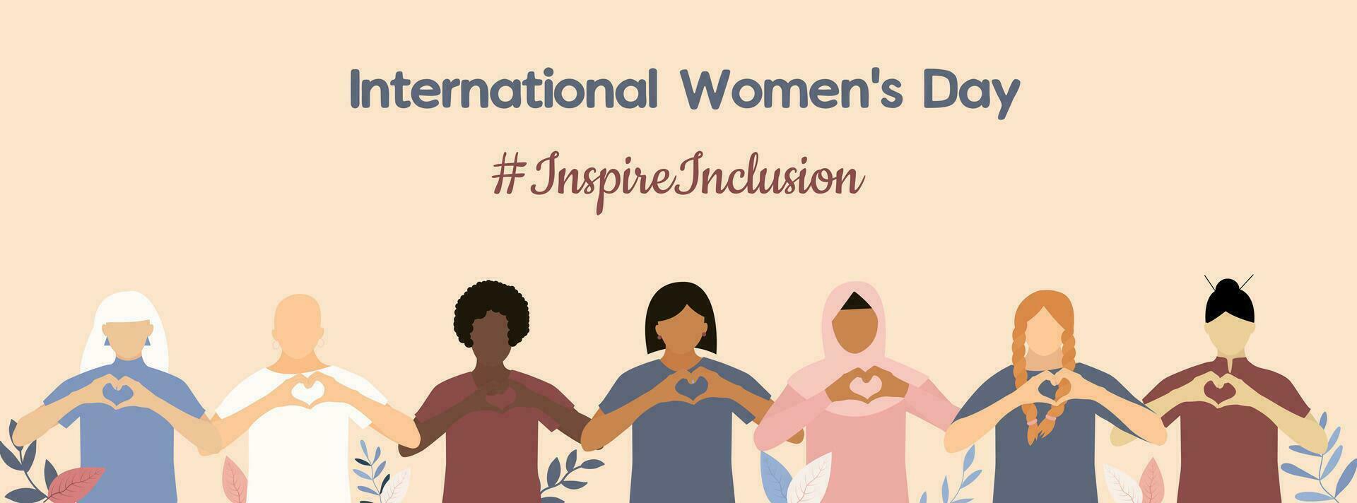 Campaign 2024 inspireinclusion. Conceptual celebration of International Women's Day. March 8. Card, template with heart shaped fingers vector