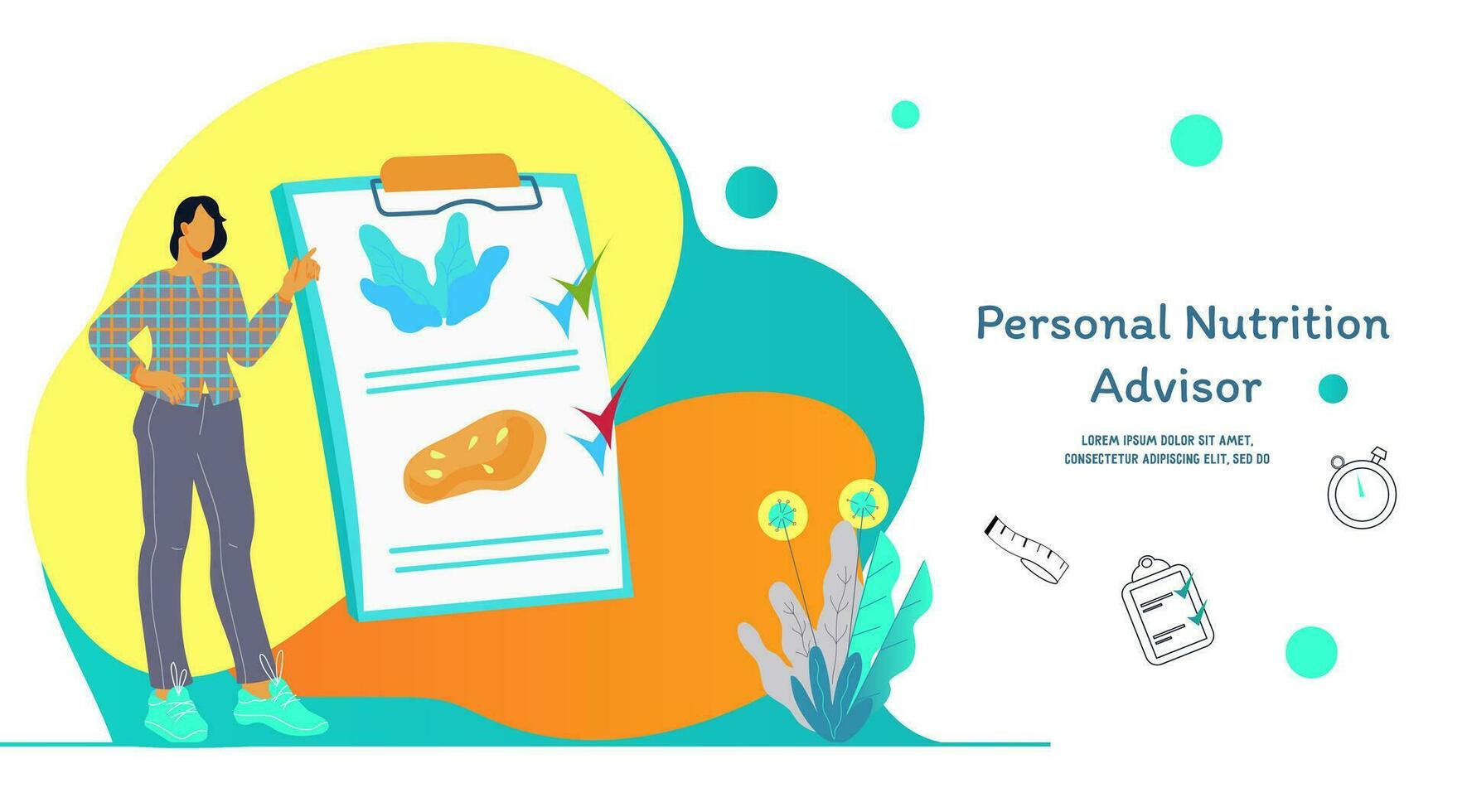 Personal nutrition advisor website banner with nutritionist making diet plan. Weight loss and diet assistance of professional nutritionist. Landing web page template flat vector illustration.