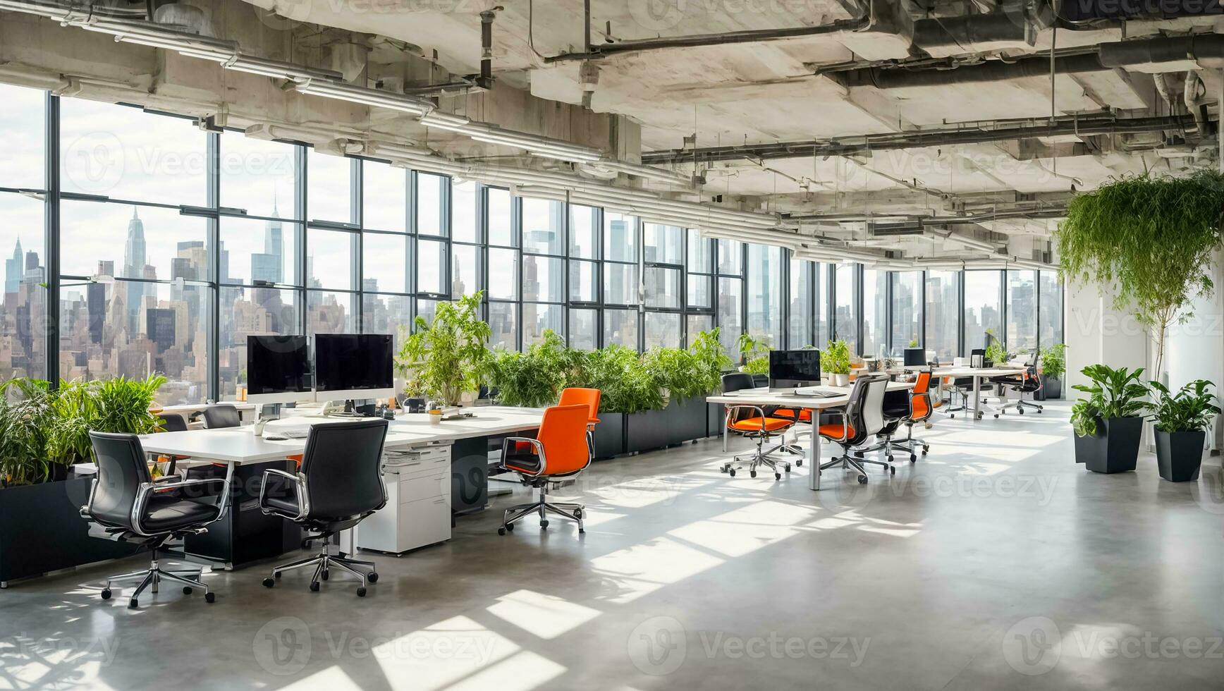 AI generated Empty office with flowerpots photo
