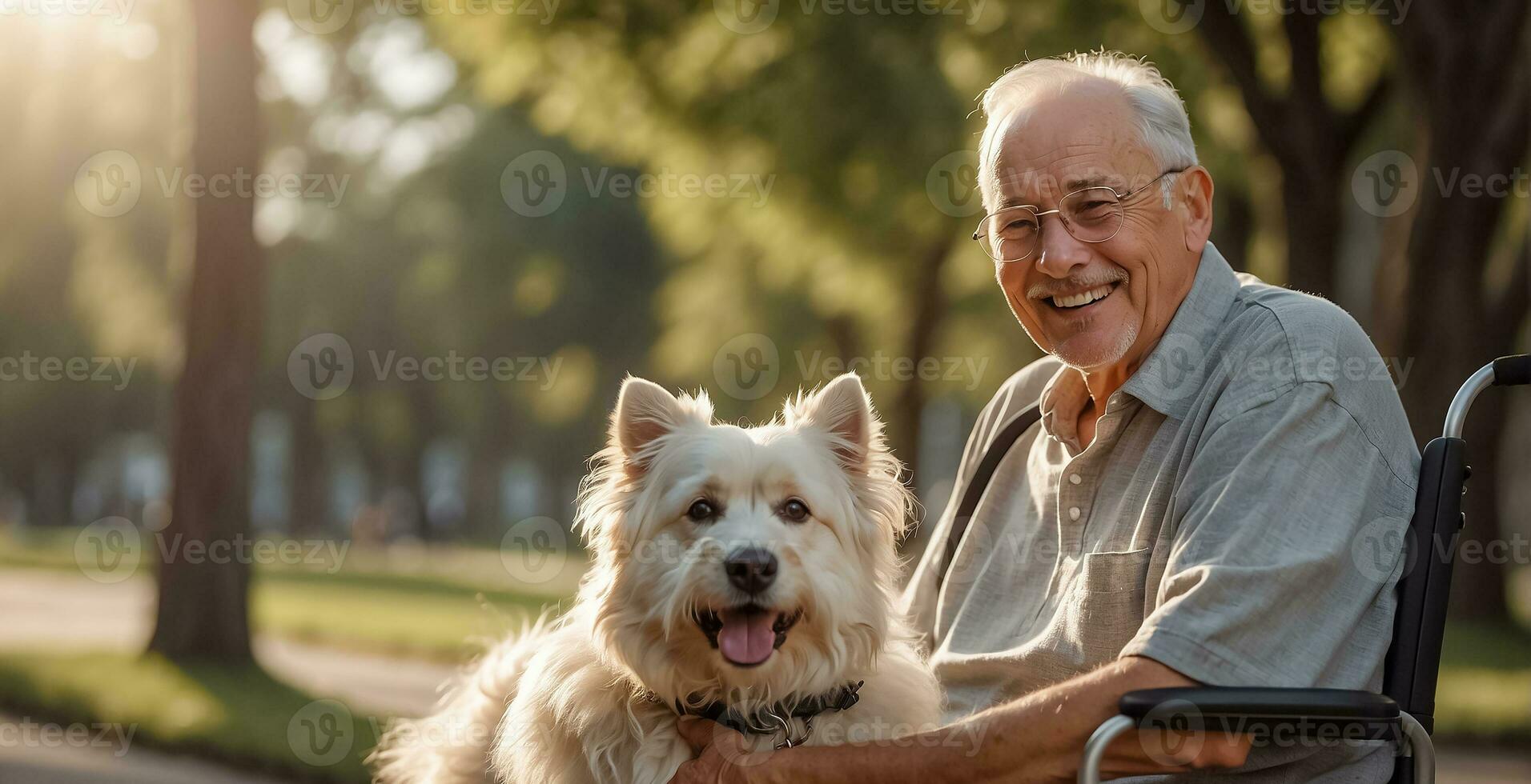 AI generated Elderly man in a wheelchair with a dog on the street photo