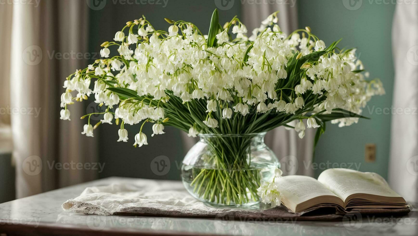 AI generated Vase with lilies of the valley in the room photo