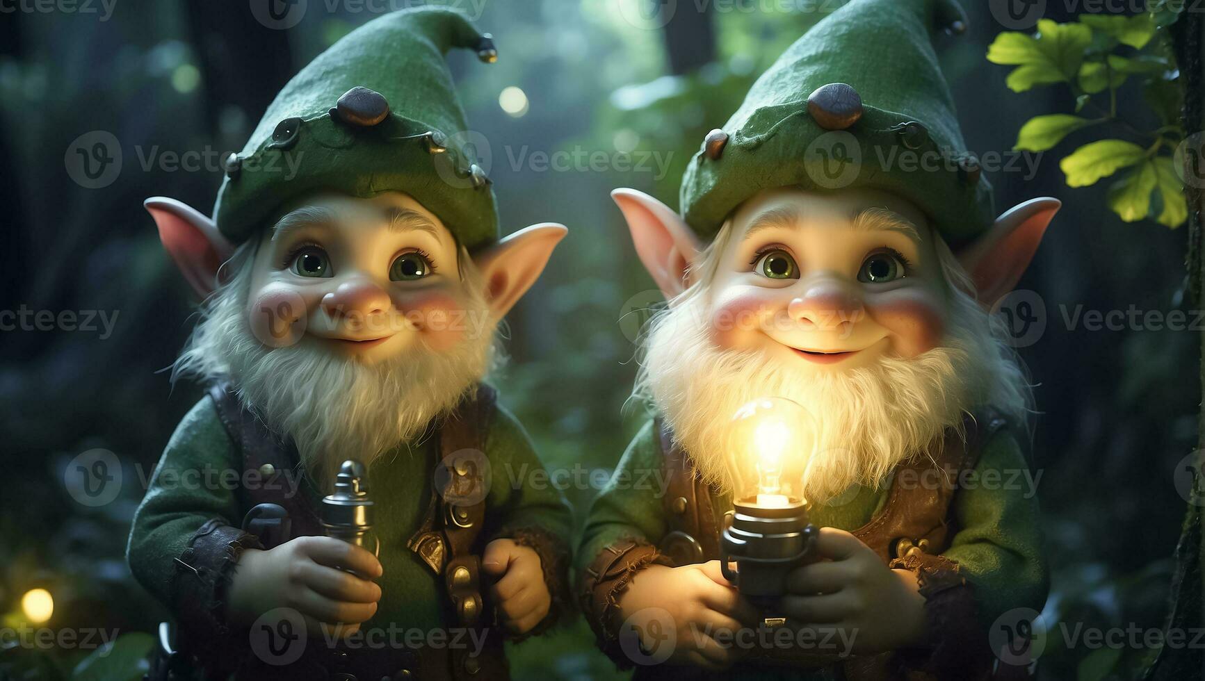 AI generated Cute funny cartoon gnome with a flashlight in the forest photo