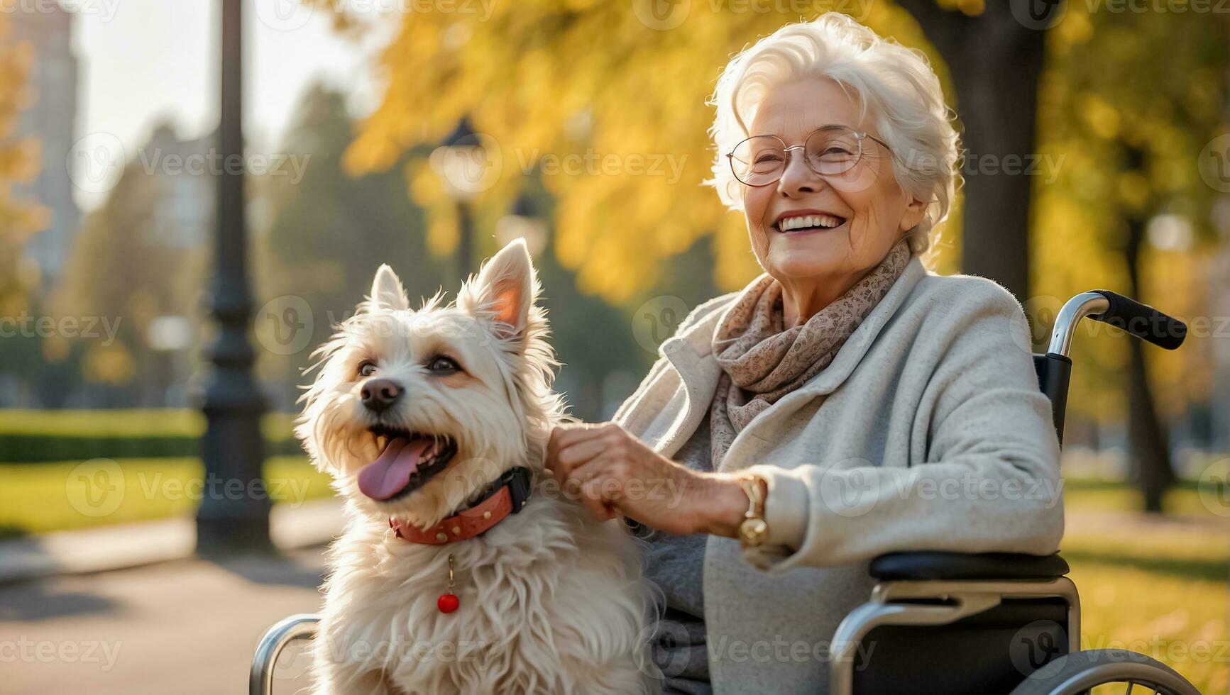 AI generated Elderly woman in a wheelchair with a dog outside in the park photo