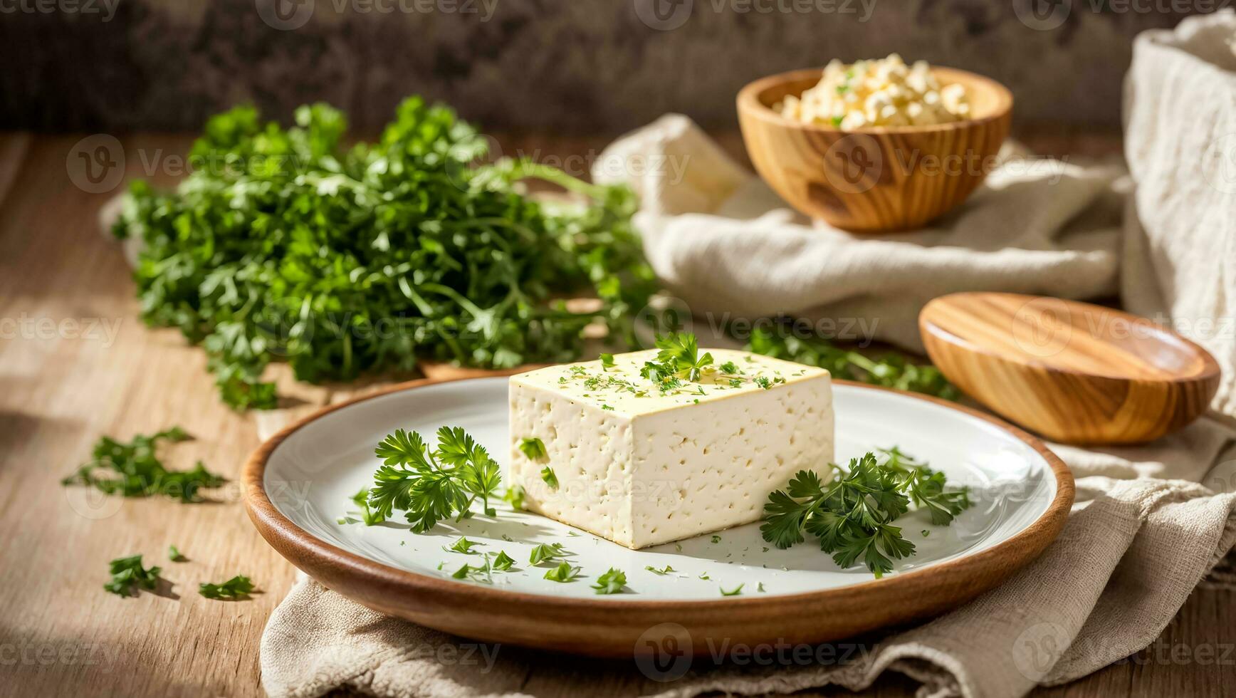 AI generated Fresh tofu cheese with parsley in the kitchen photo