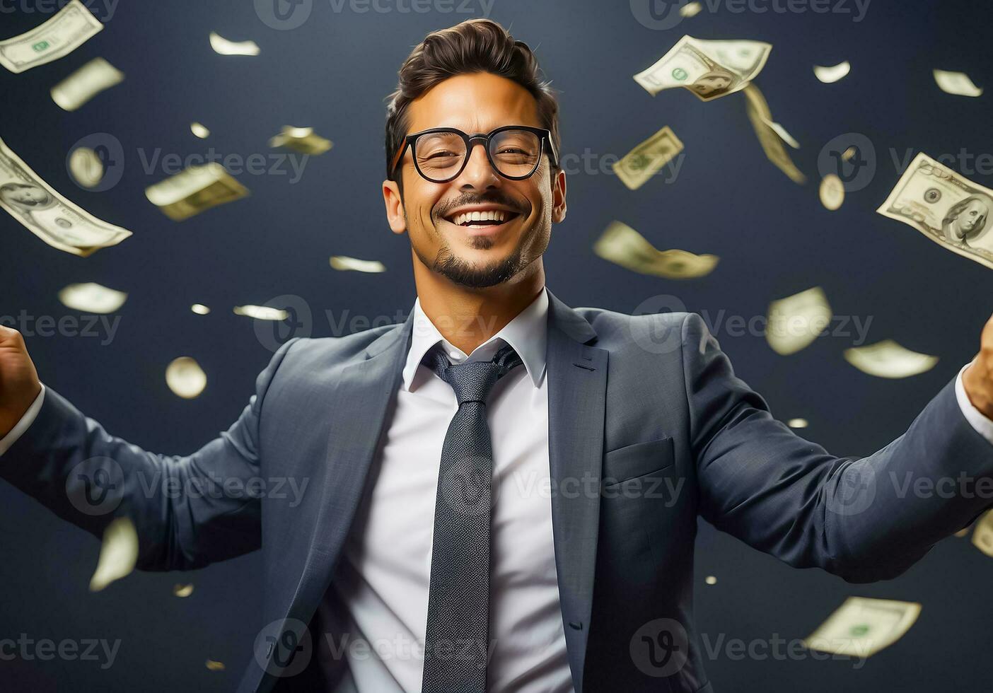 AI generated Happy man in a business suit falling dollars photo