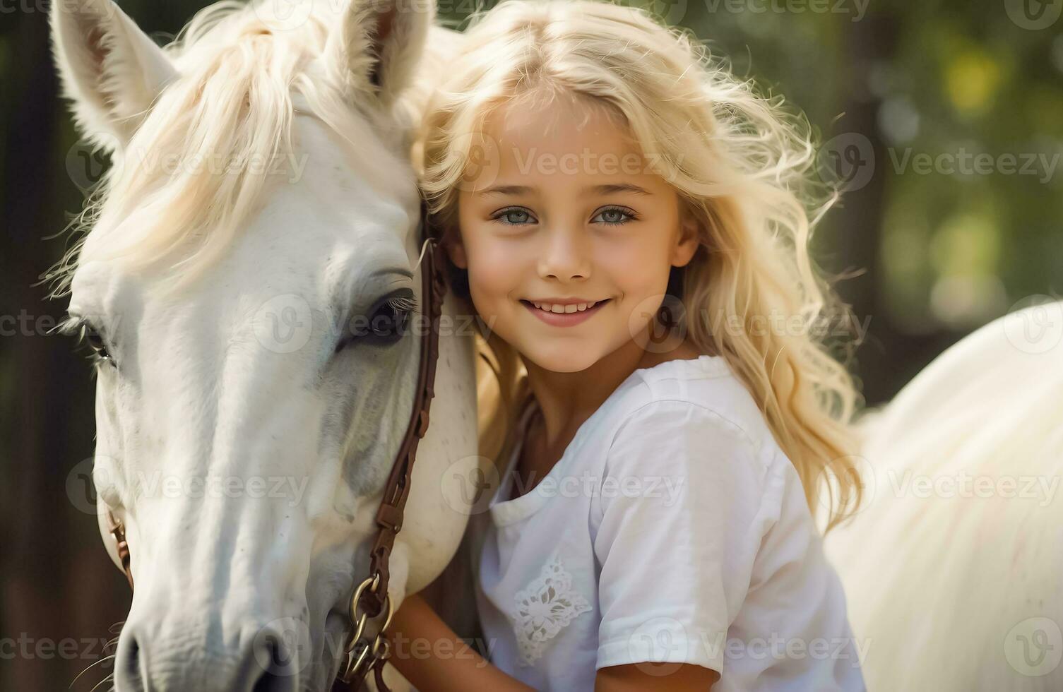AI generated Portrait of a little girl with a horse in nature photo