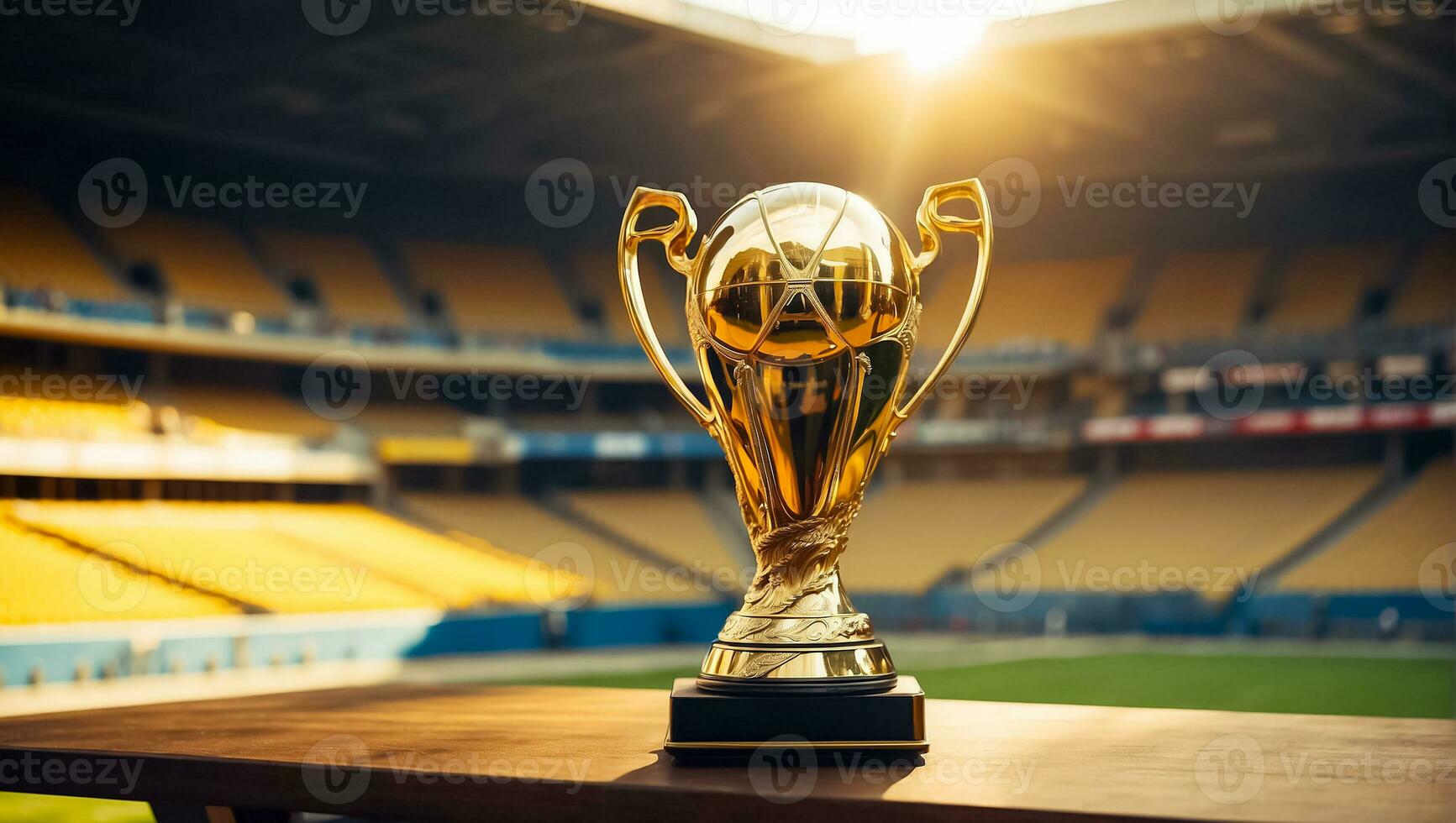 AI generated football championship gold cup at the stadium photo