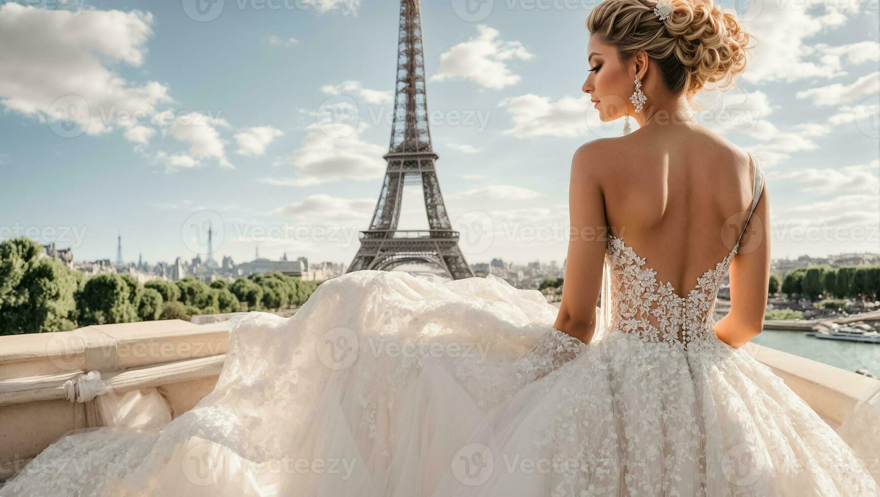 ai generado hermosa niña en un blanco dama de honor vestir en contra el antecedentes de el eiffel torre foto