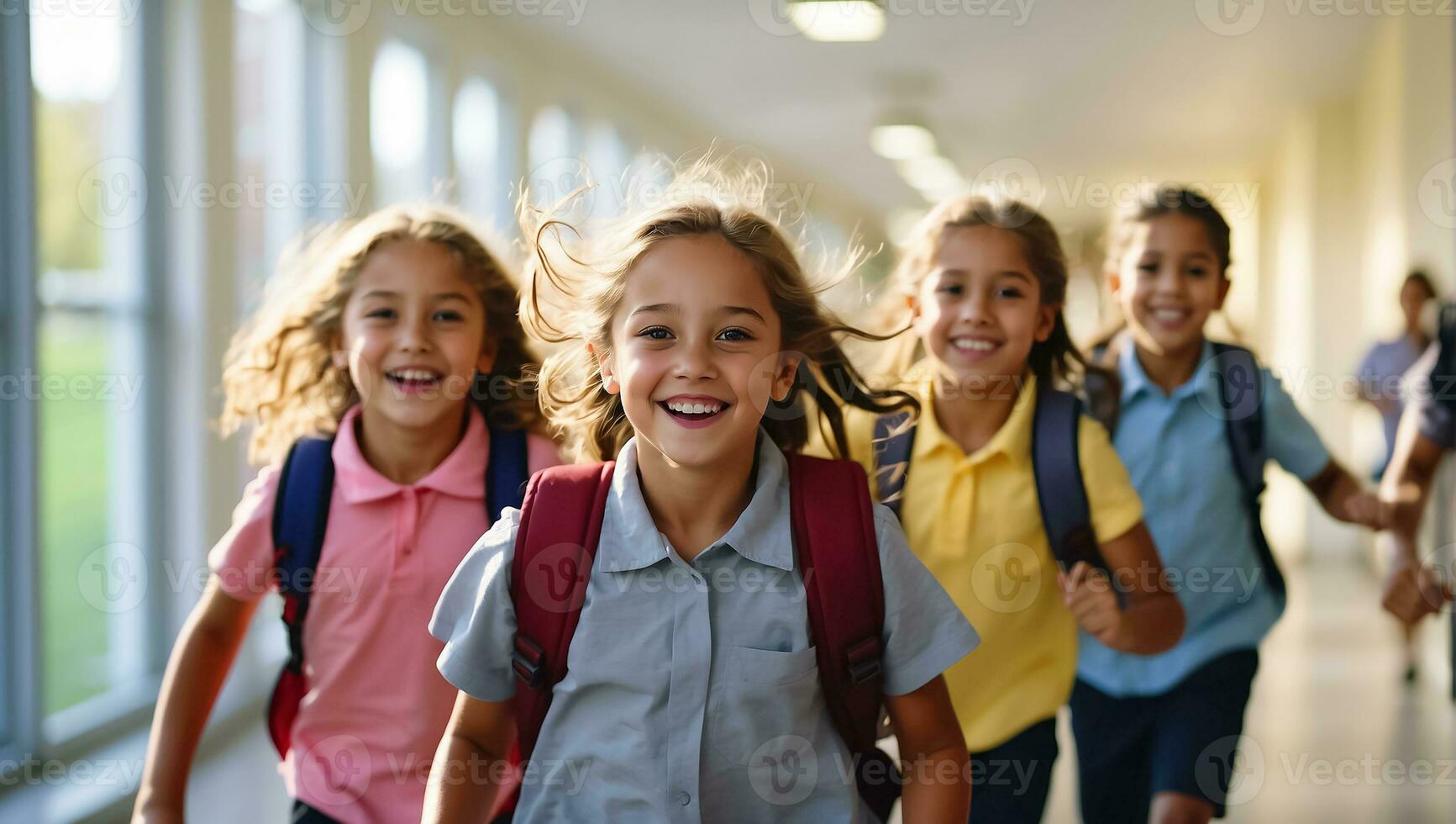 AI generated Happy schoolchildren running along the corridor photo